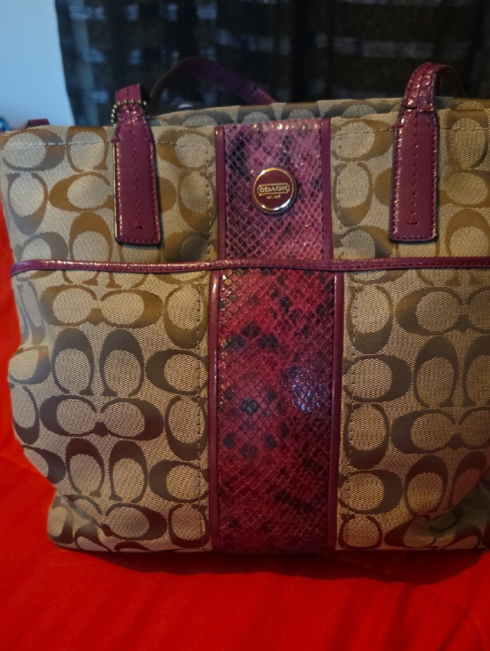 Coach Signature Tote with Plum Accent Trim